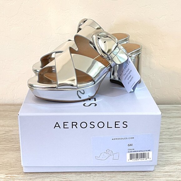 New Aerosoles Sandals Platform Heels 6 Collin Mirrored Silver Slides in Box - Picture 1 of 12